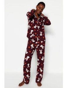 Trendyol Burgundy Rabbit Patterned Shirt-Pants Woven Pajamas Set