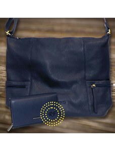 Tvujoriginal Dámský kožený set modrá kožená peněženka a kožená kabelka BELLUGIO Leather s monogramem (ražba)