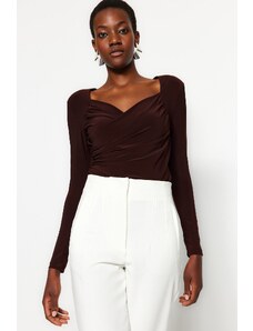 Trendyol Brown Padded Drape Detailed Fitted/Sleepy, Flexible Knitted Bodysuit