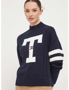 Bavlněný svetr Tommy Jeans tmavomodrá barva, s pologolfem