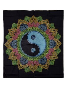 Přehoz na postel, potisk barevné Mandaly Jing-Jang na černé 210x230cm