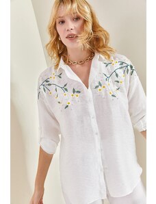 Bianco Lucci Women's Daisy Embroidered Folding Sleeves Airon Linen Shirt