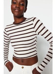 Trendyol Brown Striped Premium Viscose Soft Fabric Fitted Crop Stretchy Knitted Blouse