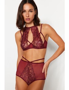 Trendyol Burgundy Lace Barbell Neck Piping Detailed Capless Knitted Underwear Set