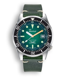 Squale Watches Stříbrné pánské hodinky Squale s koženým páskem 1521 Green Ray - Silver 42MM Automatic