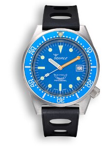 Squale Watches Stříbrné pánské hodinky Squale s gumovým páskem 1521 Blue Blasted Rubber - Silver 42MM Automatic