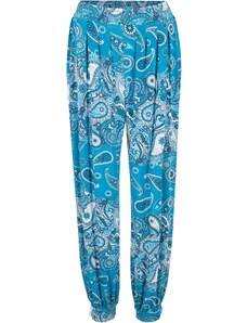 bonprix Žerzejové harémové kalhoty s potiskem a nařaseným pasem Modrá
