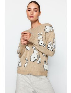Trendyol Camel Měkký texturovaný vzorovaný pletený svetr