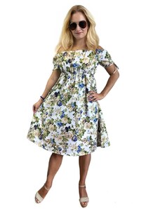 Sale-Letní šaty s Carmen výstřihem 3155 - bílé a modré růžičky