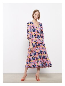 LC Waikiki V-Neck Patterned Balloon Sleeve Viscose Women's Dress