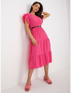 Fashionhunters Tmavě růžové letní šaty s volánem a krátkým rukávem