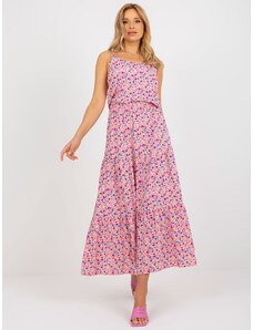 Fashionhunters Růžové maxi šaty s květinami na ramínka SUBLEVEL