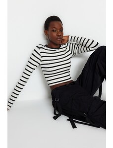 Trendyol Black Striped Premium Viscose Soft Fabric Fitted Crop Stretchy Knitted Blouse