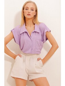 Trend Alaçatı Stili Women's Lilac Cuffed Double Breasted Short Sleeve Textured Shirt