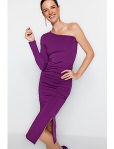 Trendyol fialové asymetrické výstřihy s jedním rukávem nařasené vypasované midi pletené šaty