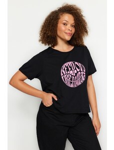 Trendyol Curve Black Motto Printed Crop Knitted T-shirt