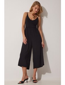 Happiness İstanbul Women's Black Knitted Jumpsuit with Rope Straps V-Neck