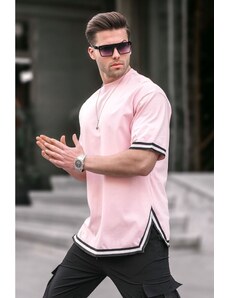 Madmext Powder Pink Crew Neck Striped T-Shirt 6097