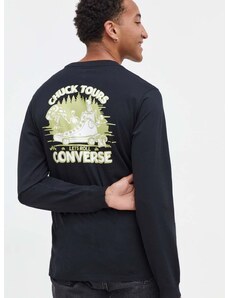 Bavlněné tričko s dlouhým rukávem Converse černá barva, s potiskem