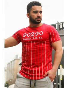 Madmext Crew Neck Stripe Detailed Red T-Shirt 2863
