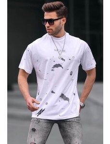 Madmext Crew Neck Regular Fit White Patterned Men's T-Shirt 6115
