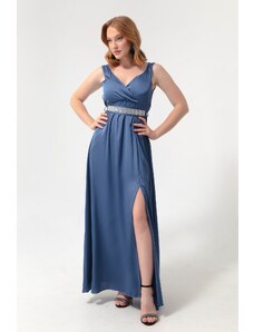 Lafaba Women's Indigo Double Breasted Collar Long Evening Dress with Stones and Belt.