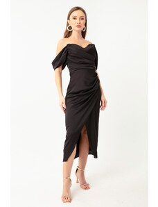 Lafaba Women's Black Bateau Neck Draped Midi Evening Dress