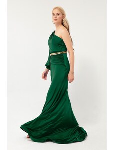 Lafaba Women's Emerald Green One-Shoulder Chain Long Evening Dress