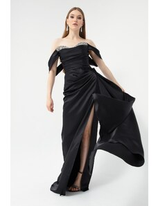 Lafaba Women's Black Bateau Neck Slit Long Satin Evening Dress.