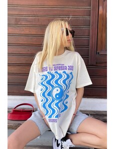 Madmext Women's White Printed Over Fit T-Shirt