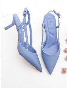 Marjin Women's Pointed Toe Open Side Strap Classic Heel Shoes Suder Blue