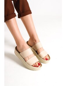 Capone Outfitters Capone Double Straps Women's Colorful Detailed Wedge Heel Beige Women's Slippers