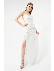 Lafaba Women's White Chest Draped Slit Glitter Evening Dress