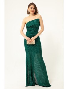 Lafaba Women's Emerald Green Strapless Slit Sequined Long Evening Dress