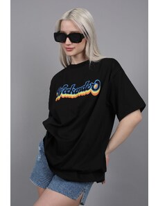 Madmext Oversized Round Neck Women's Black Printed T-Shirt