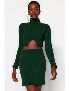 Trendyol Emerald Green Super Crop Turtleneck Skirt Knitwear Two Piece Set