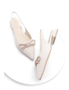 Marjin Women's Pointed Toe Open Back Flats with Bowknot and Buckle Parker Beige.