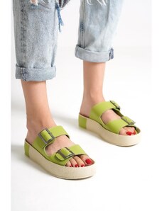 Capone Outfitters Capone Double Straps Belt with Buckle Pistachio Wedge Heels Pistachio Women's Slippers.