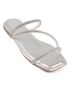 Capone Outfitters With Capone Stones, 3-Stripes, Flat Heel, Quilted Silver Women's Slippers.