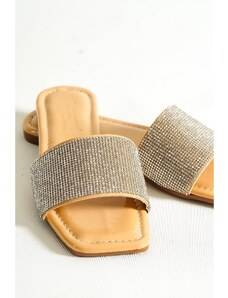 Capone Outfitters With Capone Stones, Single Strap, Flat Heel, Quilted Nude Women's Slippers.