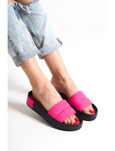 Capone Outfitters Capone Quilted Strap, Colorful Detailed Wedge Heel Matte Satin Fuchsia Women's Slippers.