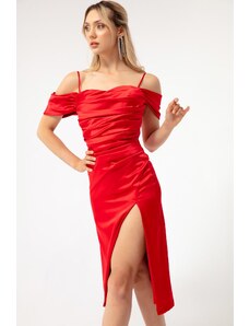 Lafaba Women's Red Thin Strap Scoop Neck Midi Satin Evening Dress