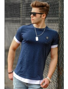 Madmext Navy Blue Men's T-Shirt with Torn Detail 4489