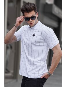 Madmext White Buttoned Striped Polo Neck T-Shirt 5879