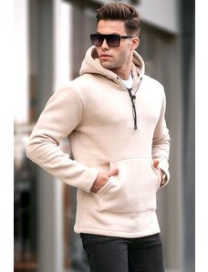 Madmext Beige Zipper Detailed Hoodie Basic Sweatshirt 6005