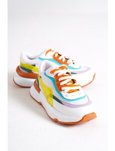 Capone Outfitters Capone Round Toe Women's White Orange Sneakers with Double Lace-Up In The Front.