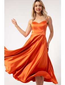 Lafaba Dámské oranžové tenké ramínko Midi saténové večerní šaty
