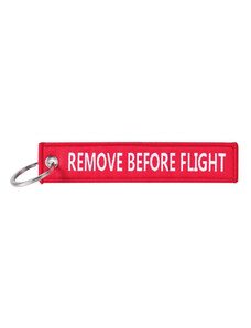 FOSTEX klíčenka REMOVE BEFORE FLIGHT červená s bílým nápisem
