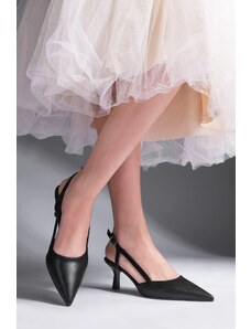 Marjin Women's Pointed Toe Open Side Strap Classic Heel Shoes Suder Black