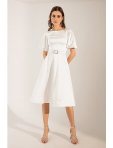 Lafaba Women's White Balloon Sleeve Stony Belted Mini Satin Evening Dress